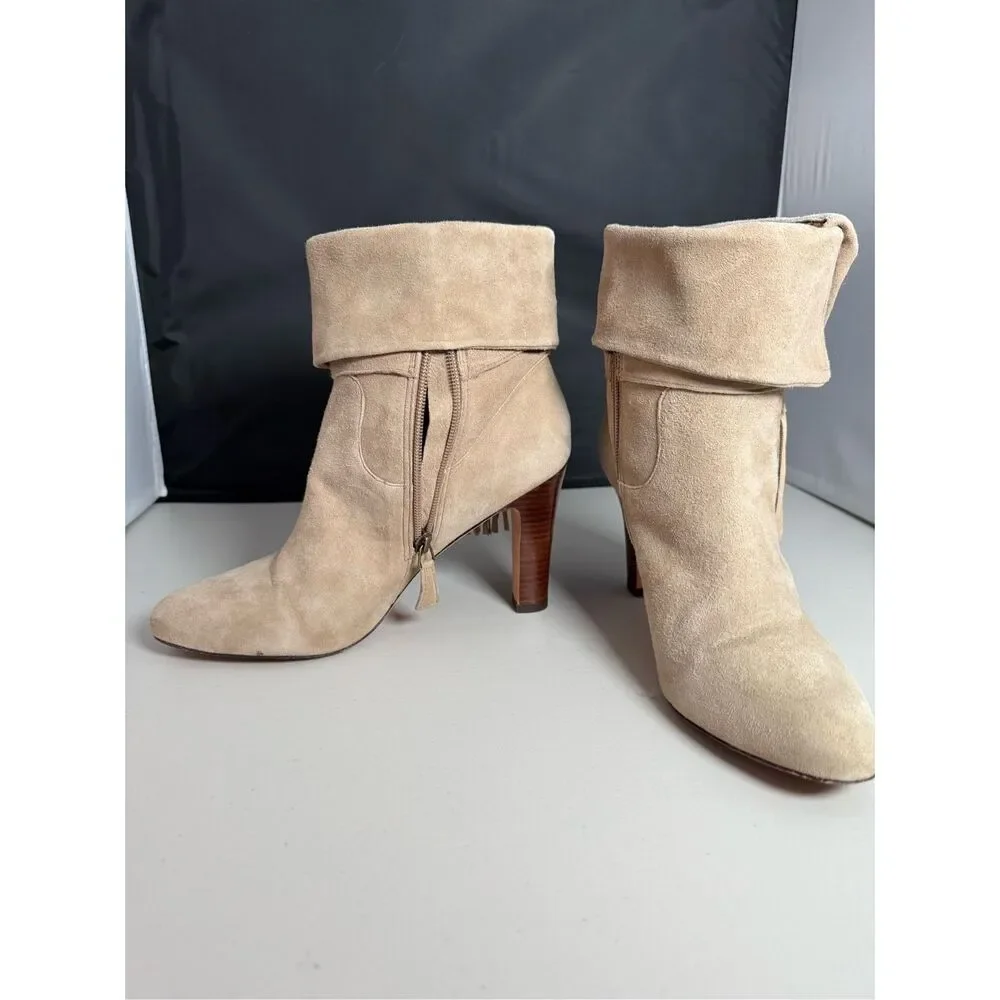 Johnston & Murphy Keaton Suede Leather Fringe Cuff‎ Heeled Boots Womens 10M Tan